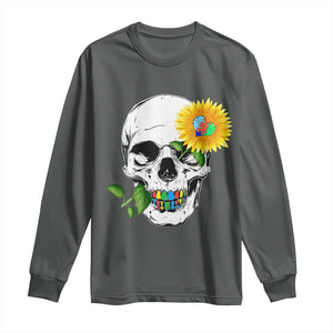 Autism Skull Sunflower Long Sleeve Shirt Support Autistic Puzzle Pieces Heart TS02 Dark Heather Print Your Wear