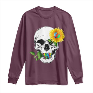 Autism Skull Sunflower Long Sleeve Shirt Support Autistic Puzzle Pieces Heart TS02 Maroon Print Your Wear