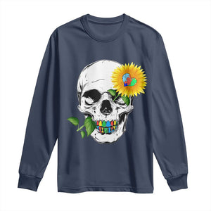 Autism Skull Sunflower Long Sleeve Shirt Support Autistic Puzzle Pieces Heart TS02 Navy Print Your Wear