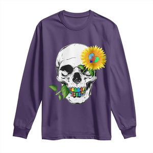 Autism Skull Sunflower Long Sleeve Shirt Support Autistic Puzzle Pieces Heart TS02 Purple Print Your Wear