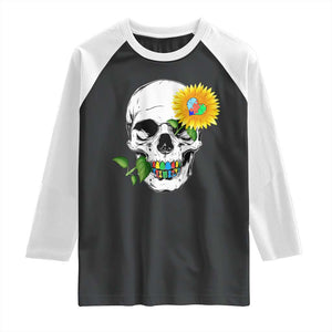 Autism Skull Sunflower Raglan Shirt Support Autistic Puzzle Pieces Heart TS02 Black White Print Your Wear