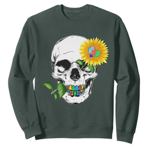 Autism Skull Sunflower Sweatshirt Support Autistic Puzzle Pieces Heart TS02 Dark Forest Green Print Your Wear
