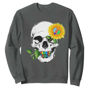Autism Skull Sunflower Sweatshirt Support Autistic Puzzle Pieces Heart TS02 Dark Heather Print Your Wear