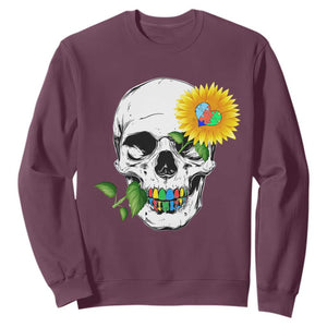 Autism Skull Sunflower Sweatshirt Support Autistic Puzzle Pieces Heart TS02 Maroon Print Your Wear
