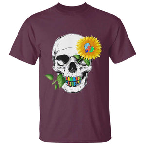 Autism Skull Sunflower T Shirt Support Autistic Puzzle Pieces Heart TS02 Maroon Print Your Wear