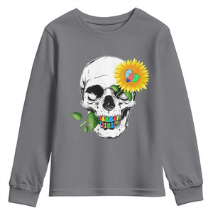 Autism Skull Sunflower Youth Sweatshirt Support Autistic Puzzle Pieces Heart TS02 Charcoal Print Your Wear