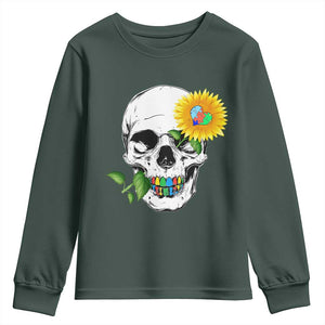 Autism Skull Sunflower Youth Sweatshirt Support Autistic Puzzle Pieces Heart TS02 Dark Forest Green Print Your Wear
