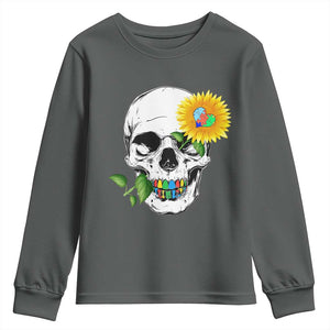 Autism Skull Sunflower Youth Sweatshirt Support Autistic Puzzle Pieces Heart TS02 Dark Heather Print Your Wear