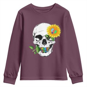Autism Skull Sunflower Youth Sweatshirt Support Autistic Puzzle Pieces Heart TS02 Maroon Print Your Wear