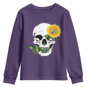 Autism Skull Sunflower Youth Sweatshirt Support Autistic Puzzle Pieces Heart TS02 Purple Print Your Wear