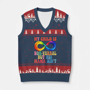 Autism Mom V-Neck Knit Sweater Vest My Child May Be Non verbal But His Mama Ain't Autism TS02 Navy Red Print Your Wear