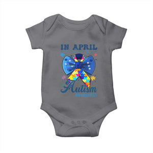 Autism Awareness Baby Onesie In April We Wear Blue Puzzle Ribbon Coquette Bow TS02 Charcoal Print Your Wear