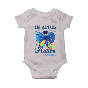 Autism Awareness Baby Onesie In April We Wear Blue Puzzle Ribbon Coquette Bow TS02 Ice Gray Print Your Wear