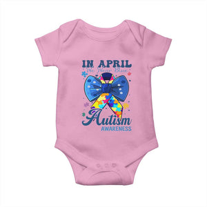 Autism Awareness Baby Onesie In April We Wear Blue Puzzle Ribbon Coquette Bow TS02 Light Pink Print Your Wear