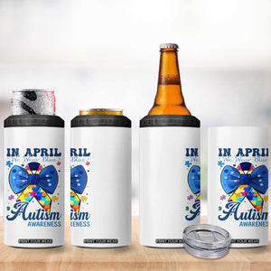 Autism Awareness 4 in 1 Can Cooler Tumbler In April We Wear Blue Puzzle Ribbon Coquette Bow TS02 Print Your Wear