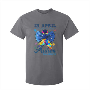 Autism Awareness T Shirt For Kid In April We Wear Blue Puzzle Ribbon Coquette Bow TS02 Charcoal Print Your Wear