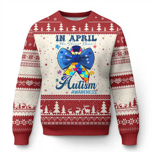 Autism Awareness Ugly Christmas Sweater In April We Wear Blue Puzzle Ribbon Coquette Bow TS02 Beige Red Print Your Wear