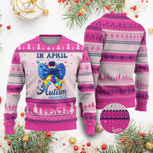 Autism Awareness Ugly Christmas Sweater In April We Wear Blue Puzzle Ribbon Coquette Bow TS02 Hot Pink Print Your Wear