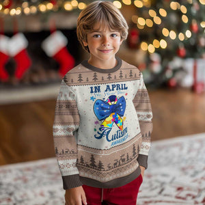 Autism Awareness Ugly Christmas Sweater In April We Wear Blue Puzzle Ribbon Coquette Bow TS02 Mocha Mousse Print Your Wear