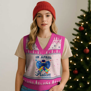 Autism Awareness V-Neck Knit Sweater Vest In April We Wear Blue Puzzle Ribbon Coquette Bow TS02 Hot Pink Print Your Wear