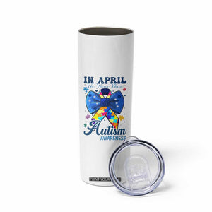 Autism Awareness Skinny Tumbler In April We Wear Blue Puzzle Ribbon Coquette Bow TS02 Print Your Wear