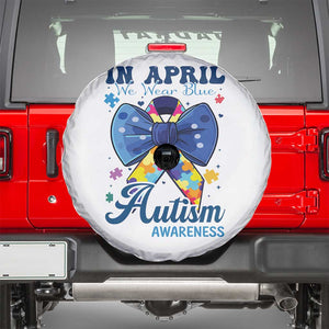 Autism Awareness Spare Tire Cover In April We Wear Blue Puzzle Ribbon Coquette Bow TS02 White Print Your Wear