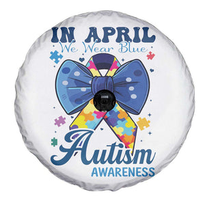 Autism Awareness Spare Tire Cover In April We Wear Blue Puzzle Ribbon Coquette Bow TS02 Print Your Wear