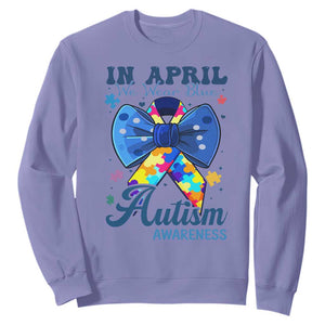 Autism Awareness Sweatshirt In April We Wear Blue Puzzle Ribbon Coquette Bow TS02 Violet Print Your Wear
