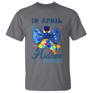 Autism Awareness T Shirt In April We Wear Blue Puzzle Ribbon Coquette Bow TS02 Charcoal Print Your Wear