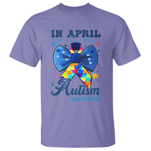 Autism Awareness T Shirt In April We Wear Blue Puzzle Ribbon Coquette Bow TS02 Violet Print Your Wear
