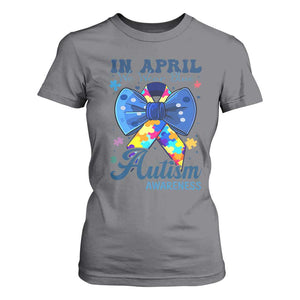 Autism Awareness T Shirt For Women In April We Wear Blue Puzzle Ribbon Coquette Bow TS02 Charcoal Print Your Wear