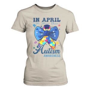 Autism Awareness T Shirt For Women In April We Wear Blue Puzzle Ribbon Coquette Bow TS02 Sand Print Your Wear