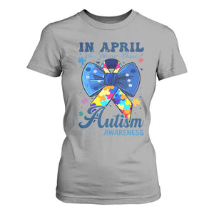 Autism Awareness T Shirt For Women In April We Wear Blue Puzzle Ribbon Coquette Bow TS02 Sport Gray Print Your Wear
