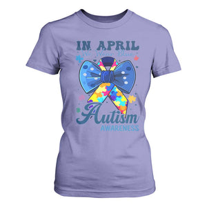 Autism Awareness T Shirt For Women In April We Wear Blue Puzzle Ribbon Coquette Bow TS02 Violet Print Your Wear