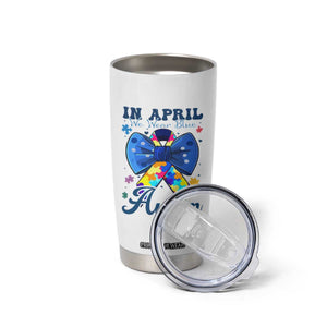 Autism Awareness Tumbler Cup In April We Wear Blue Puzzle Ribbon Coquette Bow TS02 Print Your Wear