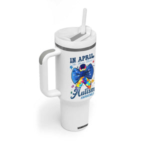 Autism Awareness Tumbler With Handle In April We Wear Blue Puzzle Ribbon Coquette Bow TS02 Print Your Wear