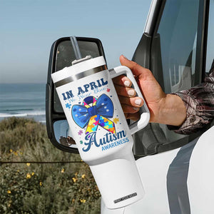 Autism Awareness Tumbler With Handle In April We Wear Blue Puzzle Ribbon Coquette Bow TS02 Print Your Wear