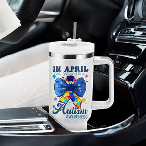 Autism Awareness Tumbler With Handle In April We Wear Blue Puzzle Ribbon Coquette Bow TS02 Print Your Wear