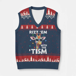 Funny Autism Giraffe V-Neck Knit Sweater Vest Rizz Em With The Tism TS02 Navy Red Print Your Wear