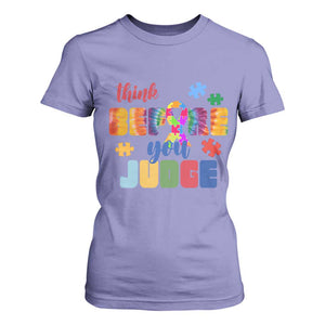 Autism Awareness T Shirt For Women Think Before You Judge Autistic Support TS02 Violet Print Your Wear