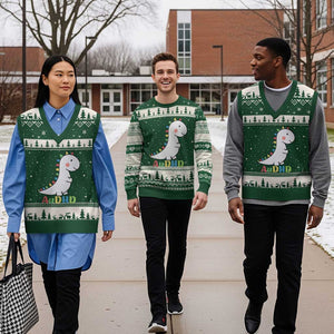 Cute Dinosaur AuDHD V-Neck Knit Sweater Vest ADHD Awareness TS02 Forest Green Beige Print Your Wear