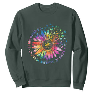 Be Kind Autism Awareness Sweatshirt Kindness Sunflower Tie Dye Puzzle TS02 Dark Forest Green Print Your Wear
