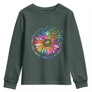 Be Kind Autism Awareness Youth Sweatshirt Kindness Sunflower Tie Dye Puzzle TS02 Dark Forest Green Print Your Wear