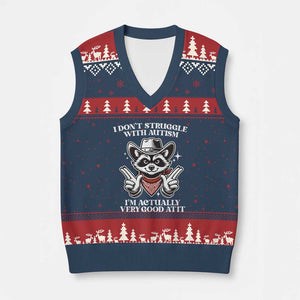 Funny Autistic Raccoon V-Neck Knit Sweater Vest I Don't Struggle With Autism TS02 Navy Red Print Your Wear