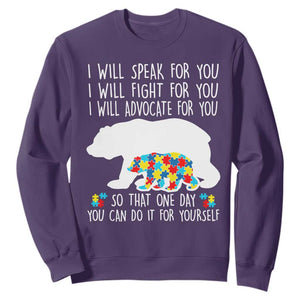 Autism Mama Bear Sweatshirt I Will Speak Fight Advocate For You TS02 Purple Print Your Wear