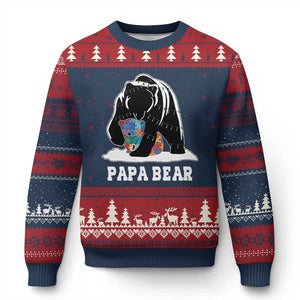Autism Papa Bear Ugly Christmas Sweater Support Autistic Matching Family Dad TS02 Navy Red Print Your Wear