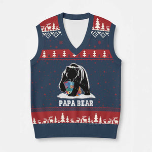 Autism Papa Bear V-Neck Knit Sweater Vest Support Autistic Matching Family Dad TS02 Navy Red Print Your Wear