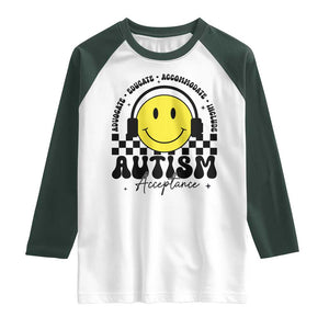 Autism Acceptance Raglan Shirt Advocate Educate Accomodate Include Special Education TS02 White Dark Forest Green Print Your Wear