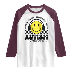Autism Acceptance Raglan Shirt Advocate Educate Accomodate Include Special Education TS02 White Maroon Print Your Wear