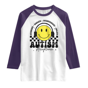 Autism Acceptance Raglan Shirt Advocate Educate Accomodate Include Special Education TS02 White Purple Print Your Wear